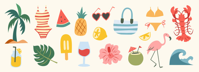 Doodle summer vacation illustration set. Beach and sea travel flat elements. Hand drawn palm tree, lemon, lobster, seafood, wine, bikini, cocktail. Coastal collection for card, prints, poster, banner.