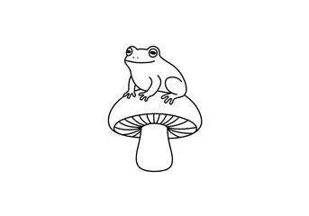 Frog on mushroom drawing. It is a black and white outline image of a cute frog sitting atop a mushroom, evoking a whimsical woodland scene. Vector sketch line art draw.