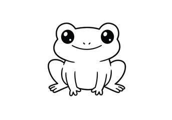 Kawaii frog drawing. It is a black and white outline image of an adorable, smiling frog in the cute 