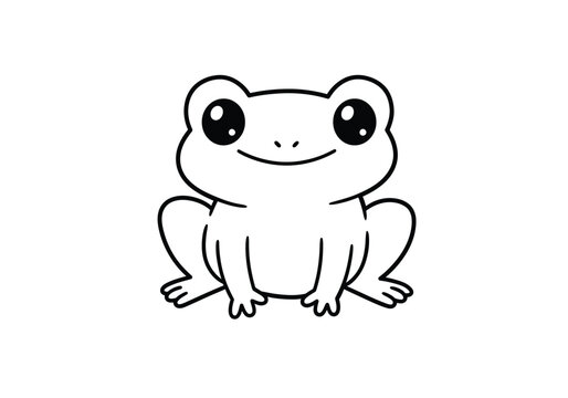 Kawaii frog drawing. It is a black and white outline image of an adorable, smiling frog in the cute "kawaii" style, facing directly forward. Vector sketch line art draw.