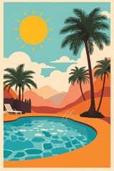 Vibrant mid-century modern illustration of a sun-kissed poolside scene characterized by abstract geometric shapes bold lines and bright poppy colors reminiscent of a 1960s poster rendered in a stylize