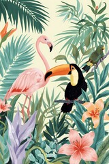 Whimsical illustration of a lush vibrant summer scene featuring a trio of birds including a flamingo with soft pink feathers and a slender neck a toucan with a large bright orange beak and a parrot wi