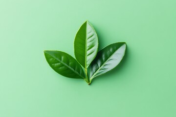 Three vibrant tea leaves creating a simple and refreshing background