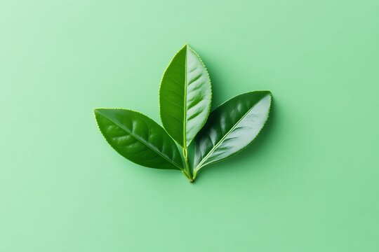 Three vibrant tea leaves creating a simple and refreshing background