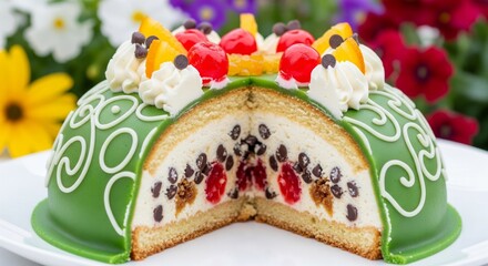 Traditional Cassata Siciliana Dome Cake Decorated with Candied Fruits and Cream Swirls