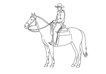 Cowboy horse drawing. It is a black and white outline image of a cowboy riding a horse, representing a classic western equestrian scene. Vector sketch line art draw.