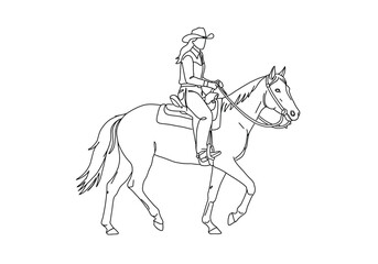 Cowgirl on horse drawing. It is a black and white outline image of a cowgirl riding a horse, representing a classic western equestrian scene. Vector sketch line art draw.