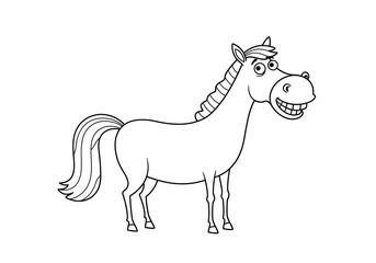 Funny horse drawing. It is a black and white outline cartoon of a funny horse, featuring an exaggerated, smiling expression. Vector sketch line art draw.