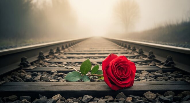 Solitary Red Rose Memorial Tribute Placed on Railroad Tracks in Misty Dawn Light
