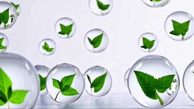 Plenty transparent bubbles floating on a white background with centella asiatica leaves inside, minimalist 3d graphic stock for advertising video of product made from natural ingredient, generative AI