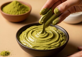 Artisan Hands Creating Luxurious Matcha Green Tea Skincare Mask in Ceramic Bowl