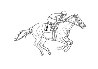 Horse racing drawing. It is a black and white outline image of a racehorse and jockey, capturing the speed and excitement of horse racing. Vector sketch line art draw.