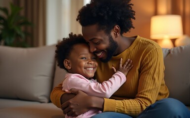 African American parent hugging young child on sofa in warm, cozy living room setting, displaying affection and tender moment during family time. High quality