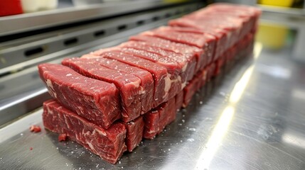 Fototapeta premium Fresh raw beef cut up on stainless steel table in industrial meat processing plant. Butchery, food production, meat industry and cooking ingredients concept.