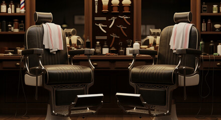 Vintage barbershop chairs with striped towels in traditional masculine grooming salon
