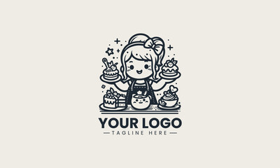 Adorable cartoon girl baking in kitchen while holding small cake and dessert on plate vector logo illustration design