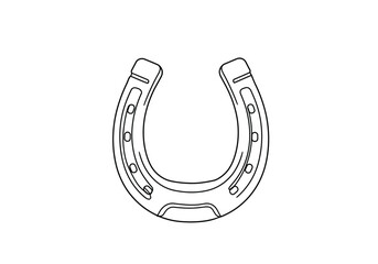 Horse shoe drawing. It is a black and white outline image of a horseshoe, a traditional symbol of luck and protection for horses. Vector sketch line art draw.