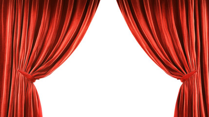 Red Velvet Stage Curtains isolated on transparent white background, clipping path