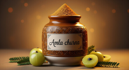 Traditional Amla Churna Powder in Ornate Ceramic Jar with Fresh Indian Gooseberries