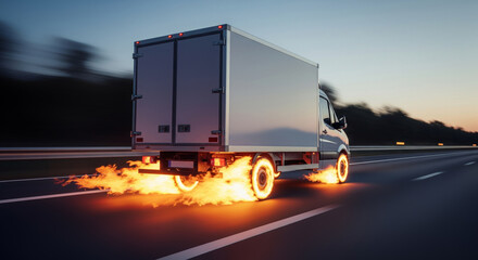 Delivery truck blazing down highway with dramatic fire effects during twilight rush