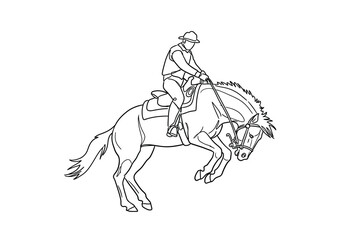 Bronc rider drawing. It is a black and white outline image of a bronc rider, depicting a cowboy riding a bucking horse in a dynamic rodeo scene. Vector sketch line art draw.