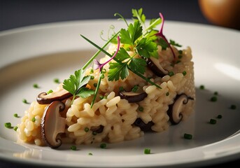 Artisanal Mushroom Risotto Garnished with Fresh Herbs on Elegant White Ceramic Dinnerware