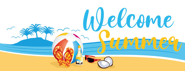 Colorful welcome summer banner. Hand drawn illustration. Beach theme.
