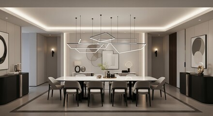 Sophisticated dining sanctuary featuring geometric pendant lighting and neutral contemporary palette
