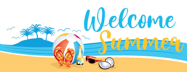 Colorful welcome summer banner. Beach theme. Vector hand drawn illustration.
