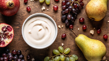 Natural yoghurt with autumn fruits- pomegranate, grapes and pears on a wooden background