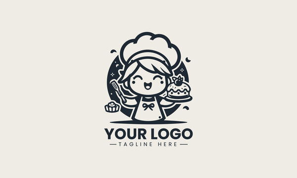 Cute cartoon girl happily baking while holding cake and sweet dessert on plate in cheerful kitchen scene vector logo illustration