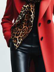 Luxurious Red Wool Coat with Leopard Print Scarf and Black Leather Fashion Editorial