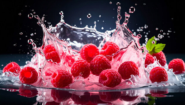 Close-up of Roseberry with water splashes and ice against a black background.