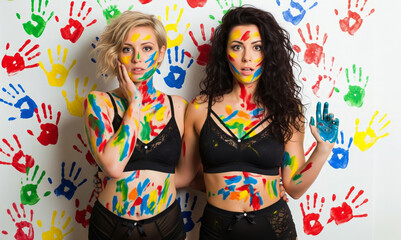 Vibrant Paint Covered Models Showcase Creative Art Expression Against Colorful Handprint Wall