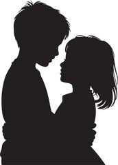Silhouette Children Couple in Love Vector - Embrace and Innocence Illustration
