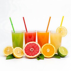 Fresh and vibrant assortment of colorful juices with various citrus fruits