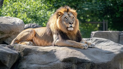 Obraz premium A Majestic Lion Reclines Calmly Upon A Stone In Sunlight
