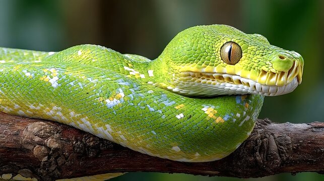 Green tree python resting on a branch: showing its scales and eye