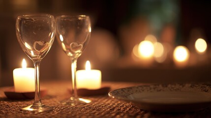Cozy intimate dining setting with elegant heart-etched wine glasses, lit candles in wooden holders, warm golden glow, soft brown woven table mat, dreamy bokeh background.