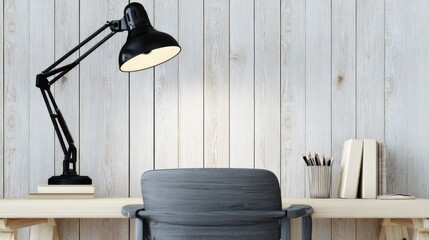 Minimalist workspace with light wooden desk, black adjustable lamp, stacked books, colored pencils, hard-covered books, grey office chair, and clean paneled background.