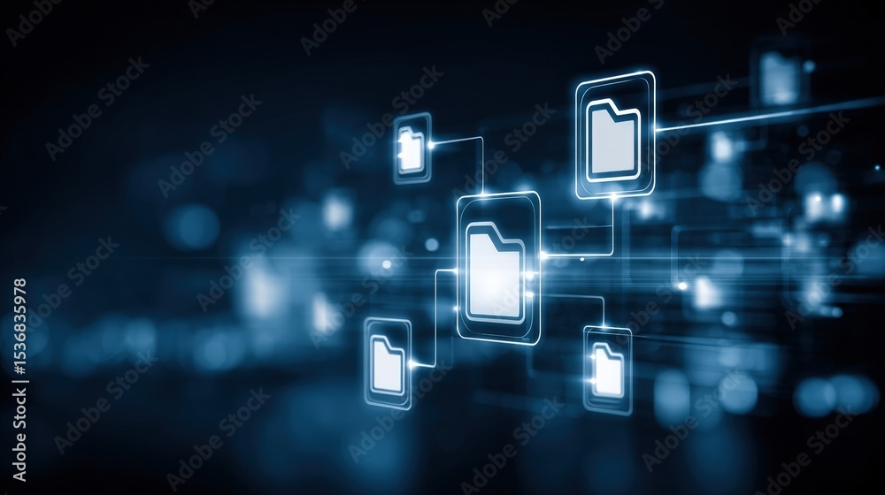 Poster abstract network grid with files and folders, futuristic software interface, digital document manage