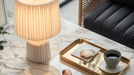 A cream-colored pleated lamp on a marble table