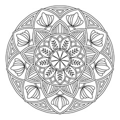 Intricate Mandala Coloring Page - Beautiful Mandala Design for Adult Coloring Books - Detailed Mandala Pattern with Floral Elements for Stress Relief and Meditation