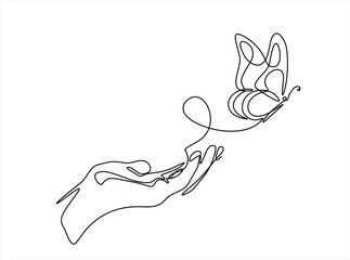 One continuous line drawing of hand holding butterfly. Beautiful flying moth for wellbeing beauty or spa salon logo in simple linear style. Hand drawn one line vector. Editable stroke	