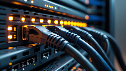 Naklejka premium Close up of network server cables and lights in a data center