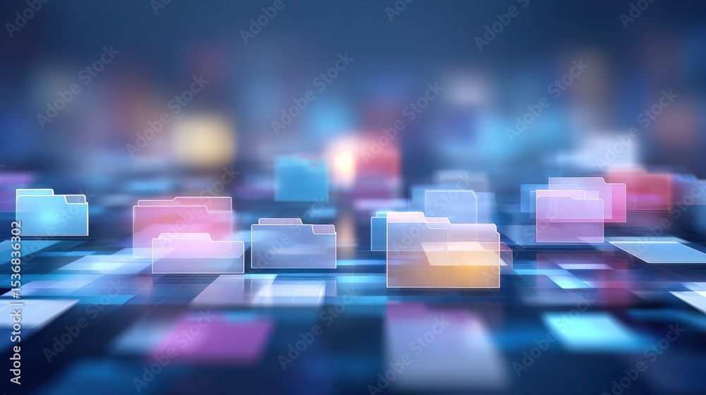 Poster abstract network grid with files and folders, futuristic software interface, digital document manage
