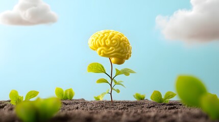 A yellow brain shaped plant growing from the soil against a backdrop of green leaves and a cloudy sky