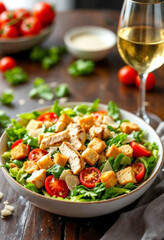 Fresh caesar salad with cherry tomatoes, grilled chicken, croutons, and shaved parmesan served with white wine