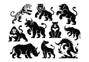 collection of black animal silhouettes including tiger, lion, bull, bear, gorilla, rhino, dog, and dragon in dynamic illustrated poses