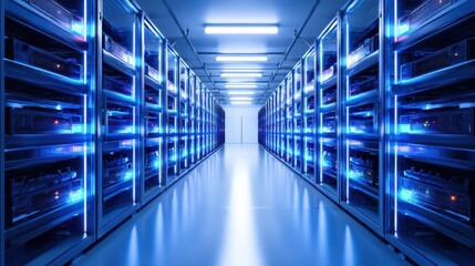 High-tech data center with illuminated server racks and a clear pathway in a modern facility
